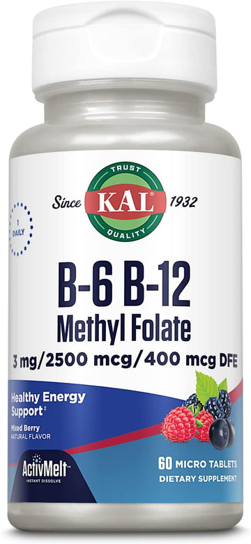 Kal Vitamin B-6 B-12 Methyl Folate Activmelt, Vitamin B Supplement, Heart Health, Energy And Red Blood Cell Support With Methyl B12 And Dfe Folic Acid, Natural Berry Flavor, 60 Servings, 60 Micro Tabs