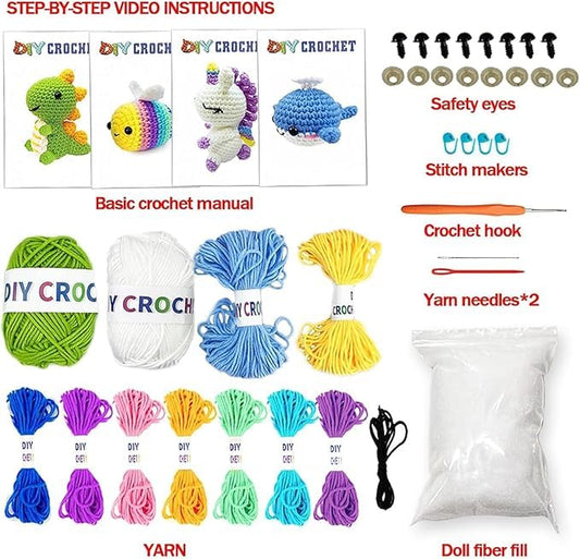 VALUEVIBES Beginner Crochet Kit for Adults and Kids – 4 Animal Projects with Yarn, Hook, Accessories & Step-by-Step Video Tutorials