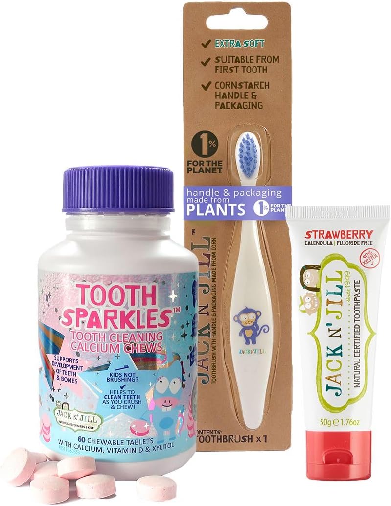 Jack N' Jill Brushing Essentials Combo Pack: Tooth Cleaning Chews, Natural Certified Strawberry Toothpaste & Kids Toothbrush - Packed With Vitamin D & Xylitol, Sugar Free, No Artificial Sweeteners