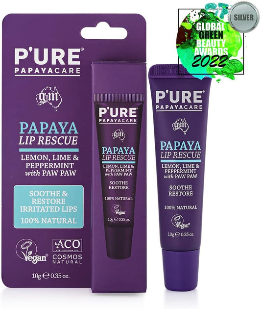 Organic Vegan Lip Balm - P'Ure Papaya Care Lip Rescue 10G | Natural Paw Paw Treatment For Dry, Cracked Lips | Calendula, Chamomile, Citrus, Peppermint | Cruelty-Free Moisturising Lip Care