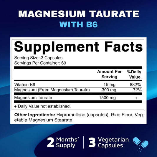 Vitamatic Magnesium Taurate 1500mg per Serving - 180 Vegetarian Capsules (Provides 300 mg of Elemental Magnesium) - Added B6 for Maximum Absorption - Supports Muscle, Joint, and Heart Health
