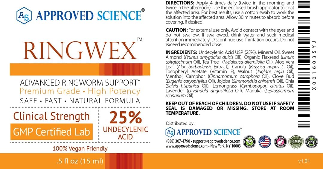 Approved Science® Ringwex - All Natural Ringworm Support With Undecylenic Acid - Uniquely Formulated To Target Deep-Rooted Symptoms - .5 Fl. Oz : Health & Household