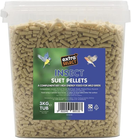 Extra Select Insect High Energy Suet Pellets Wild Bird Food - Protein, Fat Rich Year-Round Feeding - 3 kg Reusable Bucket :Garden