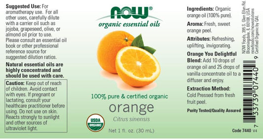 Now Essential Oils, Organic Orange Oil, Uplifting Aromatherapy Scent, Cold Pressed, 100% Pure, Vegan, Child Resistant Cap, 1-Ounce