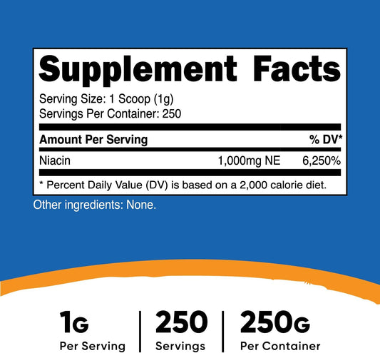 Nutricost Niacin Vitamin B3 Powder 250 Grams - 1G Per Serving - Vitamin B3 (Niacin) Powder - May Cause Flush