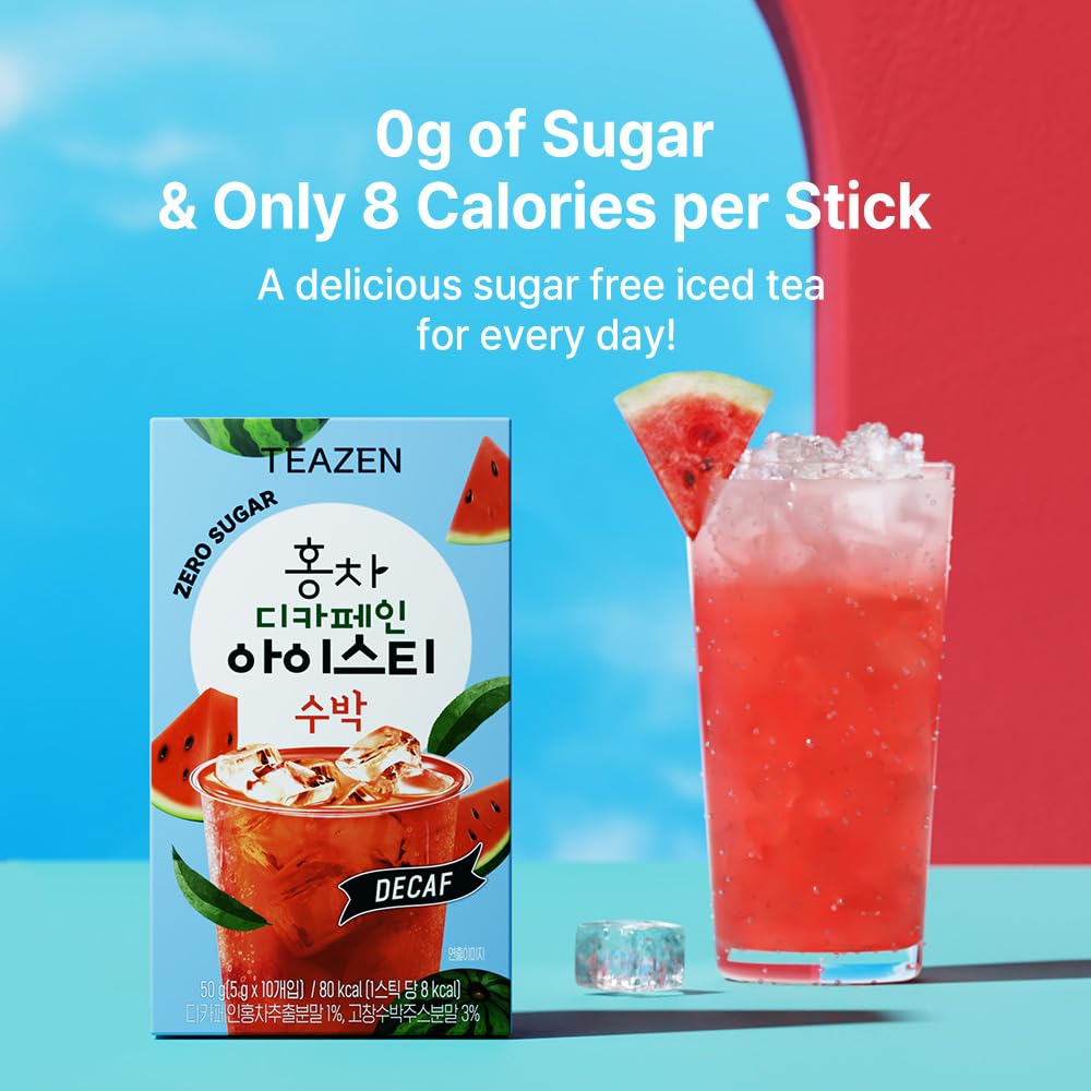 Teazen Summer Watermelon Iced Tea, Sugar Free, Uva Black Tea, Hydration Drink Mix, Decaf, 10 Sticks, 1.76Oz