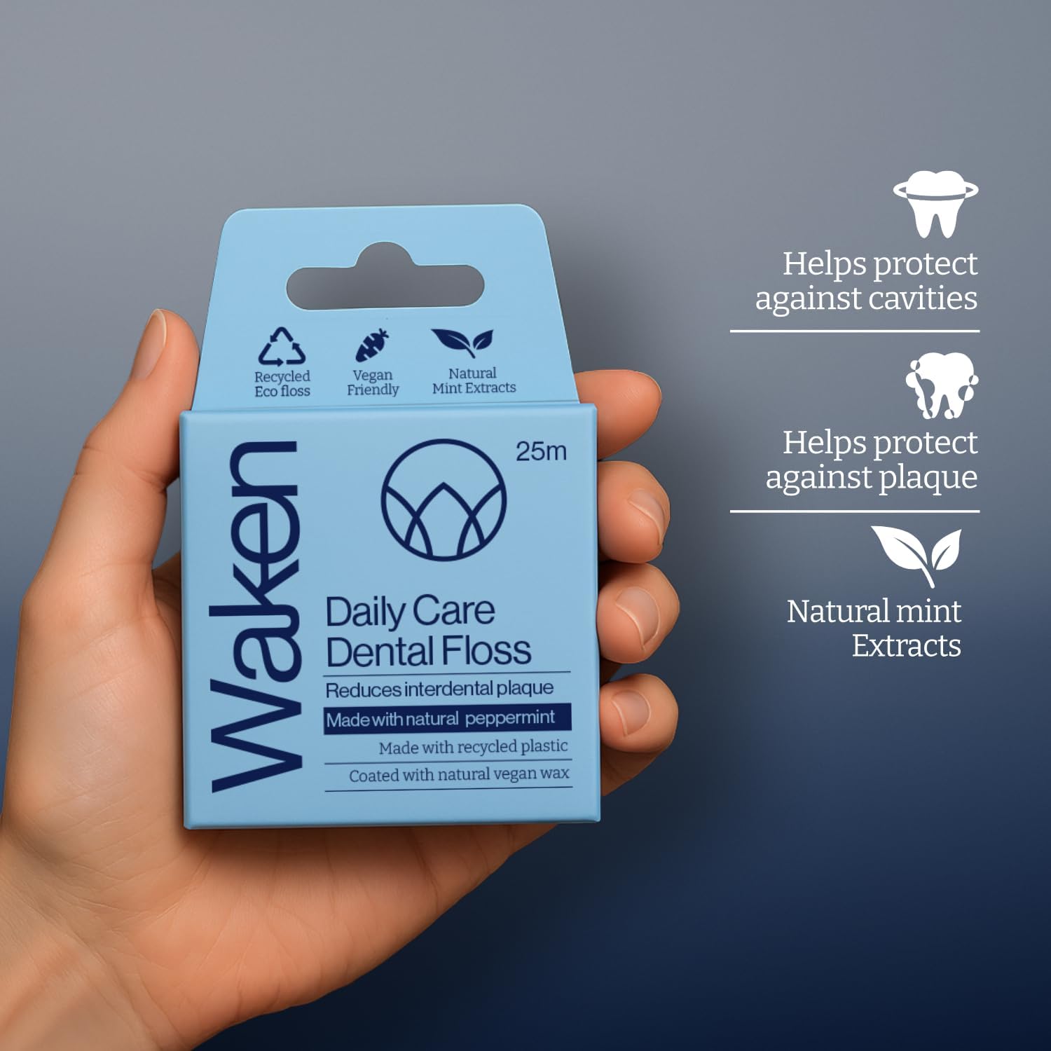 Waken, 25m peppermint dental floss, 100% natural flavor, reduces plaque and gum disease, clinically tested, vegan floss, eco-friendly, sustainable packaging, 100% recyclable, white. (Pack of 2) : Amazon.co.uk: Health & Personal Care
