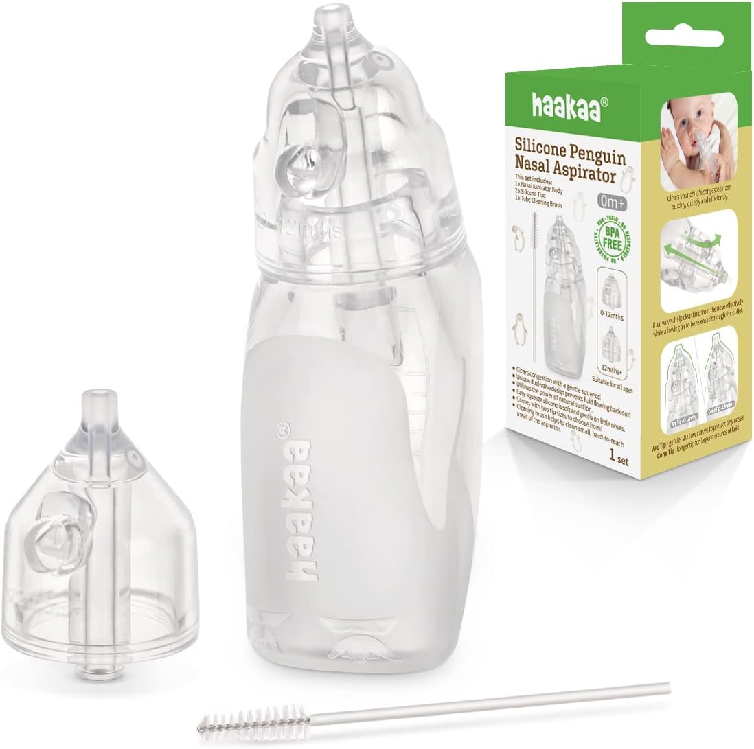 haakaa Silicone Baby Nasal Aspirator| Safe Baby Nose Cleaner| Easy-Squeeze Nose & Ear Bulb Syringe with Brush|0m+ Newborn Toddler -Transparent, Penguin