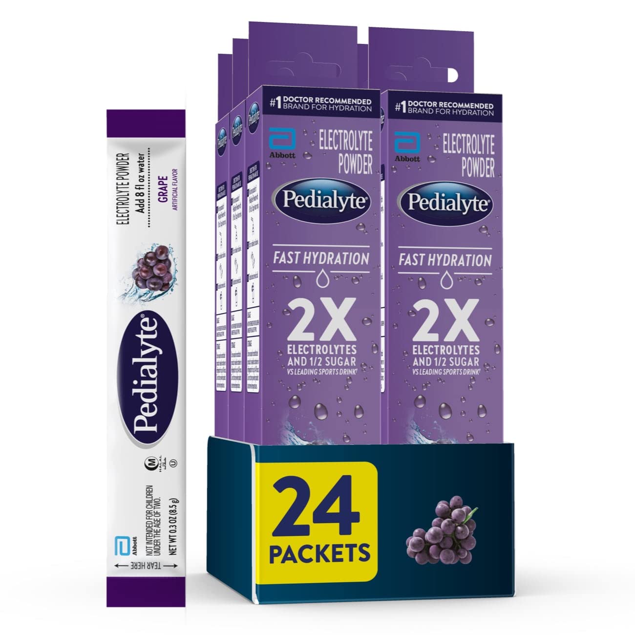 Pedialyte Fast Hydration Electrolyte Powder Packets, Grape, Hydration Drink, 24 Single-Serving Powder Packets