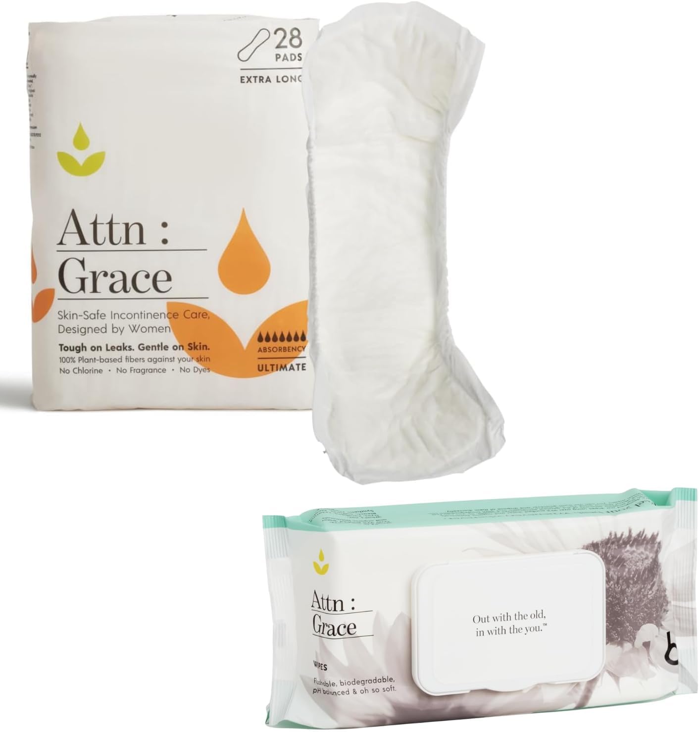 Attn: Grace Ultimate Incontinence Pads (28 Pack) & Flushable Wet Wipes Combo For Women - Ultimate Absorbency & Wipes With Aloe Vera And Coconut Oil | Postpartum Support, Sensitive Skin-Friendly