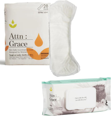 Attn: Grace Ultimate Incontinence Pads (28 Pack) & Flushable Wet Wipes Combo For Women - Ultimate Absorbency & Wipes With Aloe Vera And Coconut Oil | Postpartum Support, Sensitive Skin-Friendly