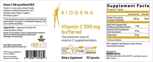 Biogena Vitamin C 500 mg buffered Gold - Premium Vitamin C in a Stomach-Friendly Complex and for Immune Support** | 90 Capsules | Good absorbtion