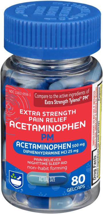 Rite Aid Extra Strength Pm Pain Relief Gelcaps, 500 Mg Acetaminophen / 25 Mg Diphenhydramine - 80 Count | Nighttime Pm Pain Reliever + Sleep Aid | Arthritis Pain Relief | Menstrual Pain Relief