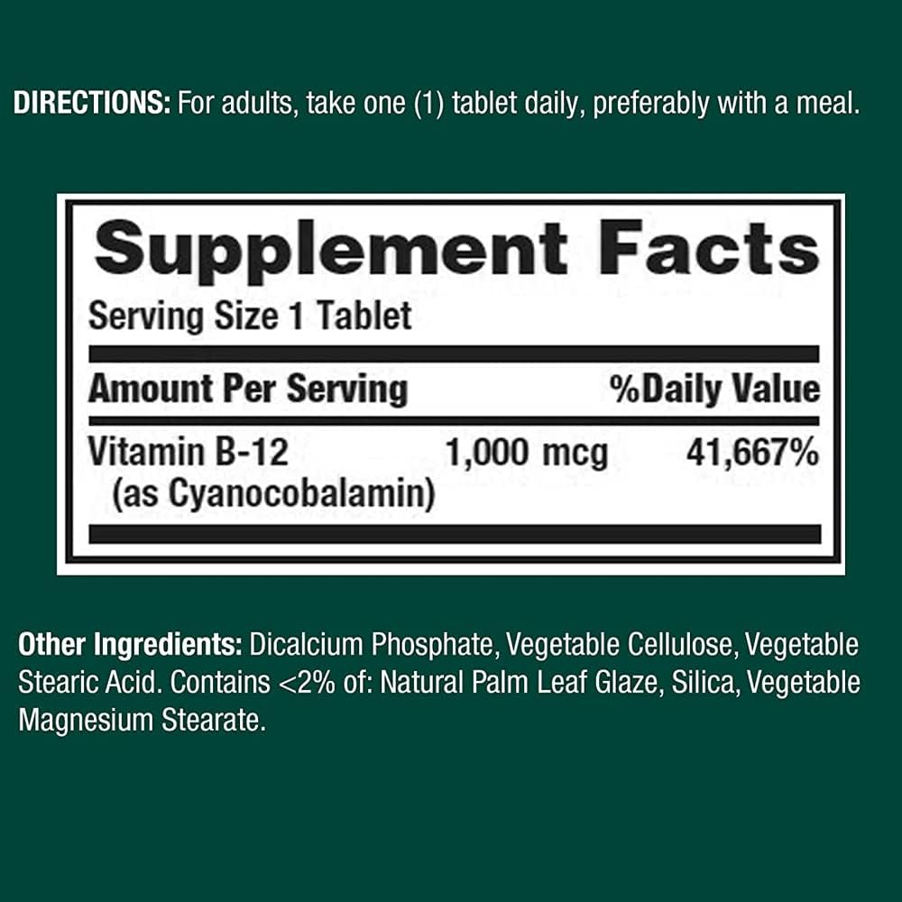 Nature's Bounty Natural Vitamin B12, 1000mcg, 100 Tablets (Pack of 2) : Health & Household