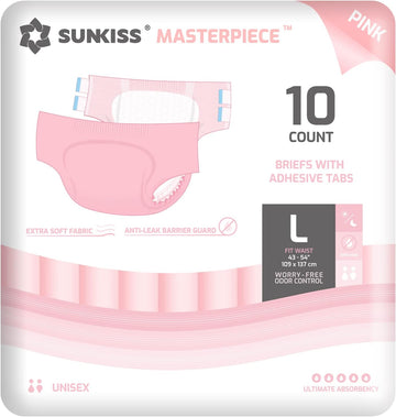 SUNKISS Masterpiece Adult Diapers with Ultimate Absorbency, Unisex Disposable Incontinence Briefs with Tabs for Women and Men, Odor Control, Overnight Protection, Pink, Large, 10 Count