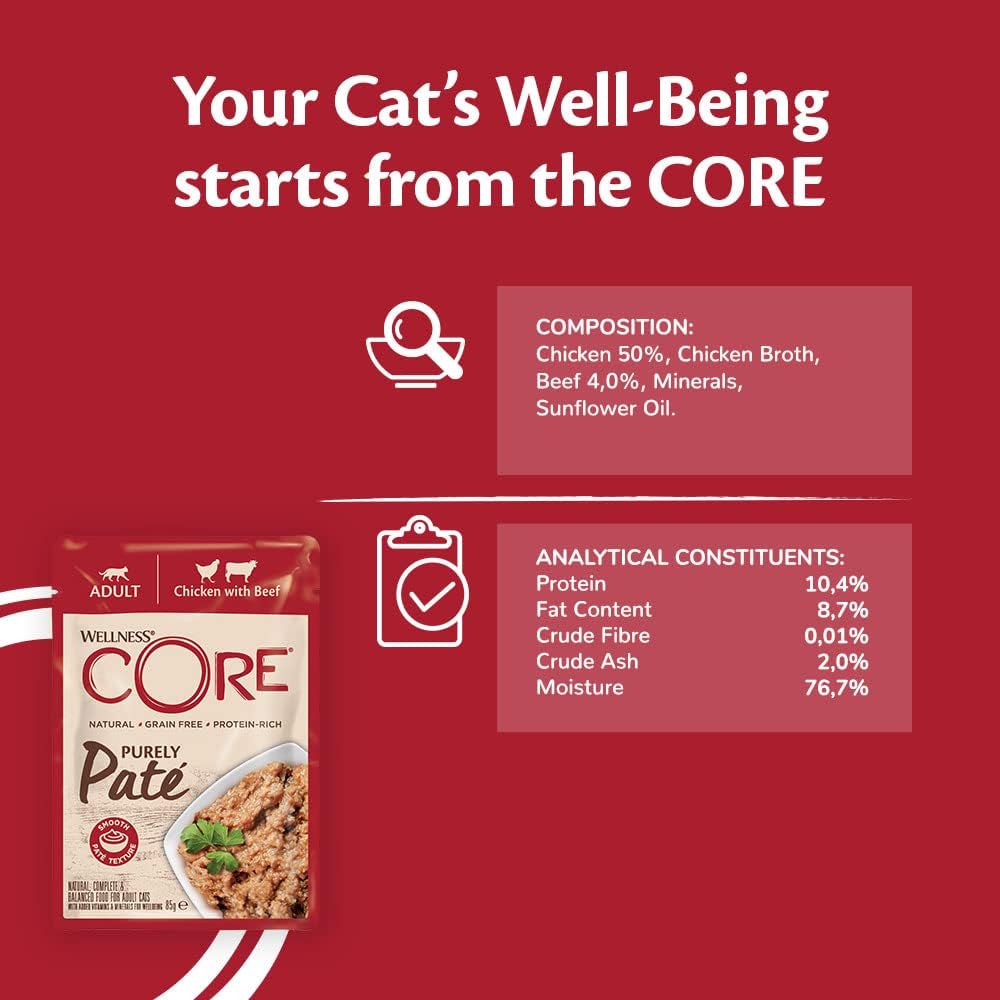 Wellness CORE Purely Paté Chicken & Beef, Smooth Paté Wet Cat Food, Grain-Free, High Meat Content, Chicken & Beef, 24 x 85g :Pet Supplies