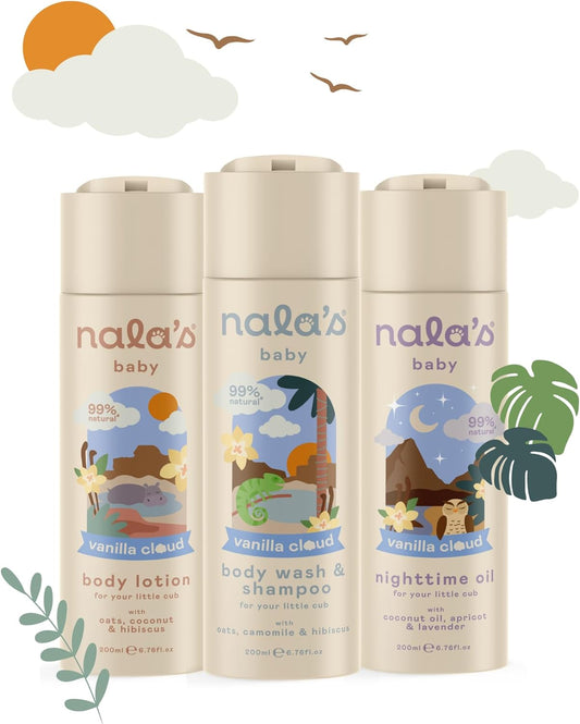Nala'S Baby Vanilla Cloud Bundle | Full Range Of Body Wash & Shampoo, Body Lotion, Nighttime Oil | Allergen-Free Sweet Fragrance | Dermatologically-Tested