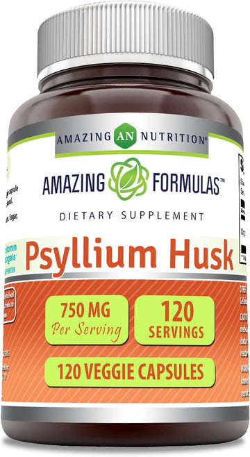 Amazing Formulas Psyllium Husk 750mg Veggie Capsules Supplement | Non-GMO | Gluten Free | Made in USA | Suitable for Vegetarians (120 Count)