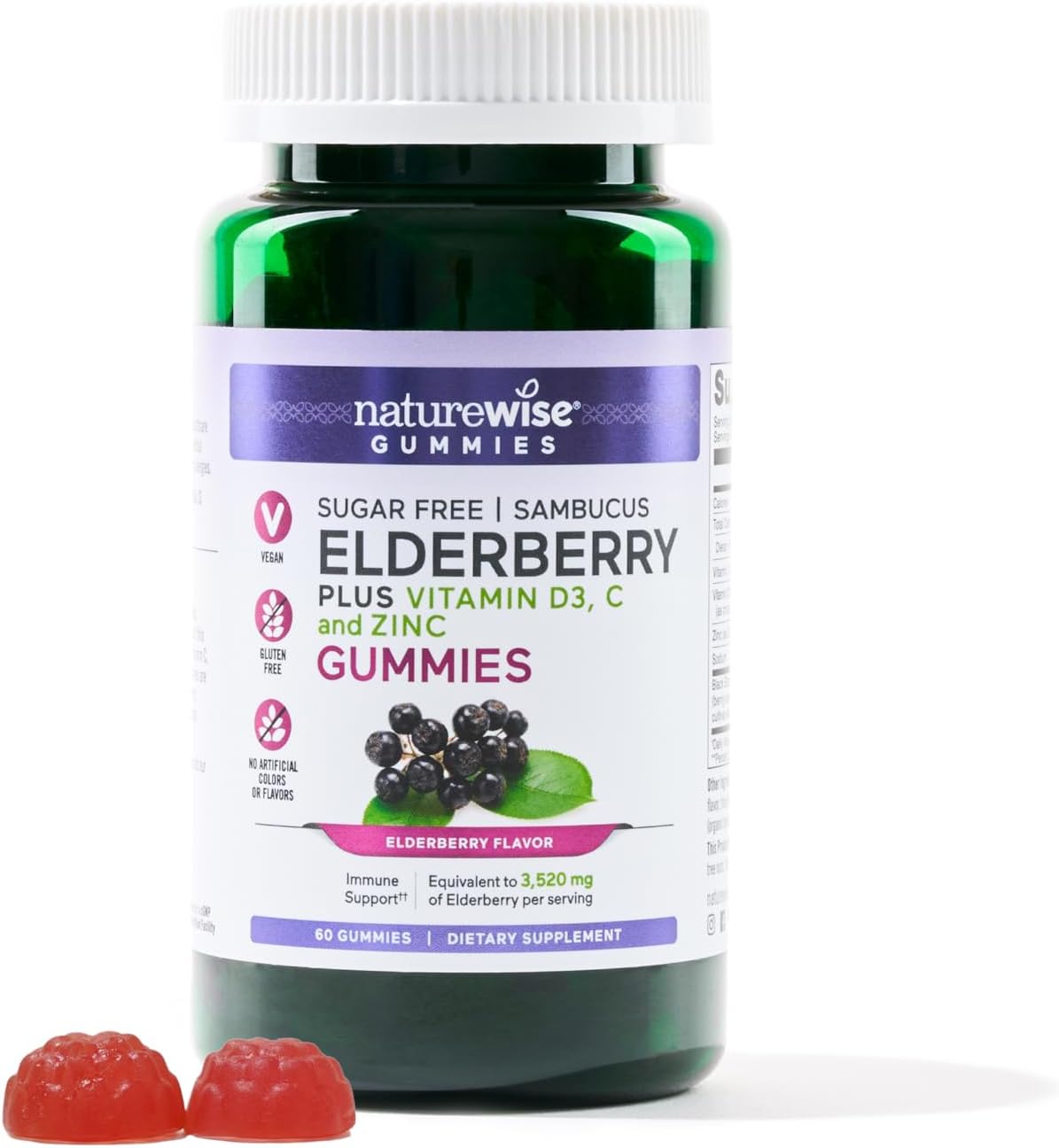 Naturewise Sambucus Elderberry Gummies - Sugar-Free - Daily Immune Support Supplement For Kids And Adults*, With Vitamin C, Vitamin D3, Zinc - Vegan, Gluten Free, Non-Gmo - 60 Gummies[1-Month Supply]