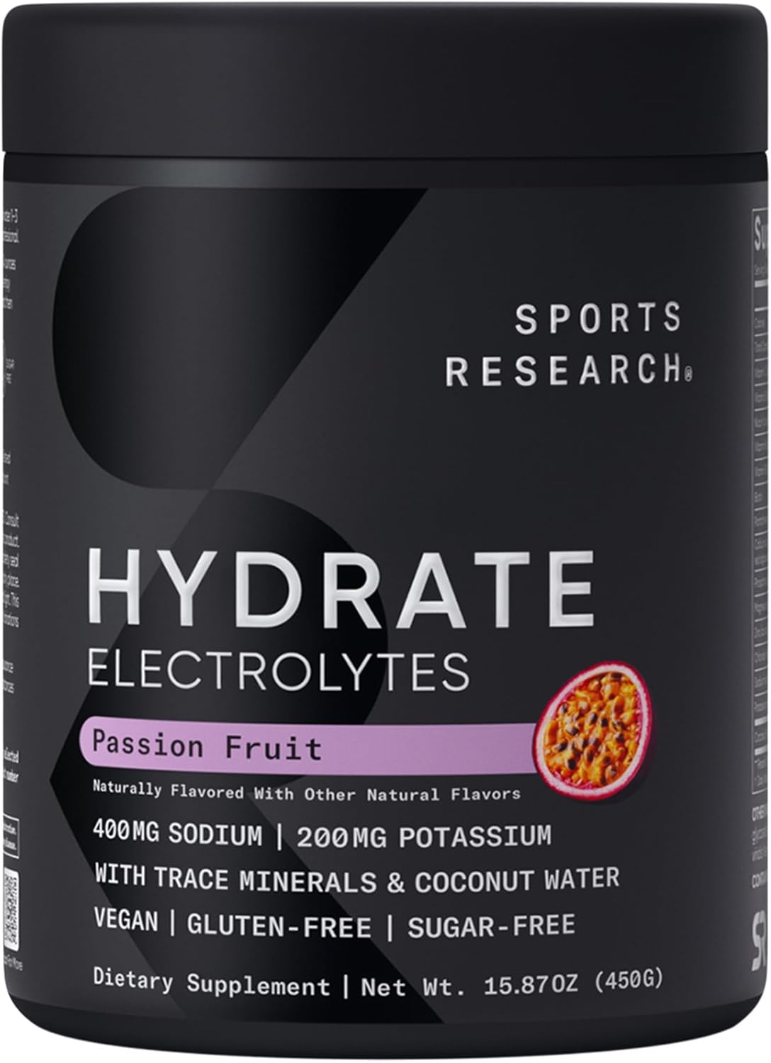 Sports Research® Hydrate Electrolytes Powder - Sugar-Free & Naturally Flavored With Vitamins, Minerals, And Coconut Water - Supports Hydration - Passion Fruit - 90 Servings