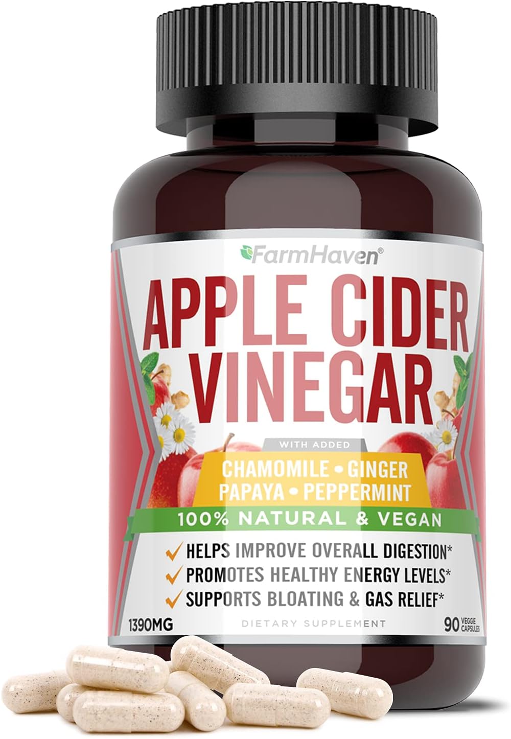 FarmHaven Apple Cider Vinegar Capsules with Mother, ACV Capsules with Mother 1390MG, Apple Cider Vinegar Pills with Ginger, Apple Vinegar Pills for Digestion Healthy, Vinegar Tablets with Mother