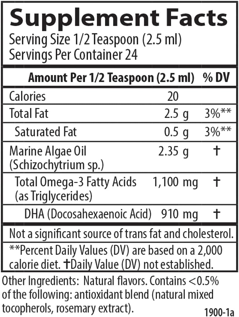 Carlson - Vegetarian DHA, 910 mg DHA, Cognitive Function, Mood Health, Plant-Based, Lemon, 60 mL (2 fl oz) : Health & Household