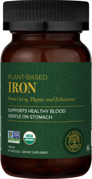 Global Healing Center Iron Supplement for Women and Men - Blood Builder Vitamin Capsules with Curry Plant Extract - Natural Energy to Combat Fatigue, Brain Health & Oxygen Level Support - 60 Pills