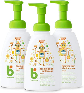 Babyganics Foaming Dish & Bottle Soap, Pump Bottle, Citrus, Plant-Derived Cleaning Power, Removes Dried Milk, 16 Fl Oz (Pack Of 3), Packaging May Vary