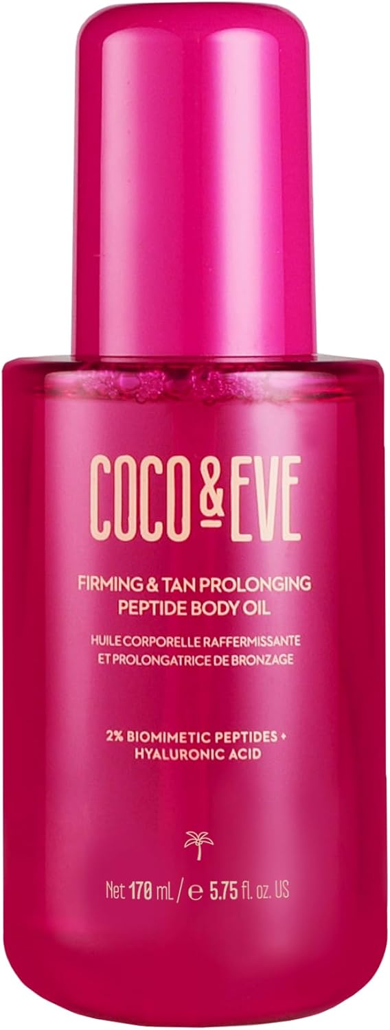 Coco & Eve Firming & Tan Prolonging Peptide Body Oil. Up To 28 Days Natural Tan Extender. After Sun Care With Tropical Oils, Vitamins C & E For Nourished, Glowy & Visibly Firmer Skin. (170Ml)