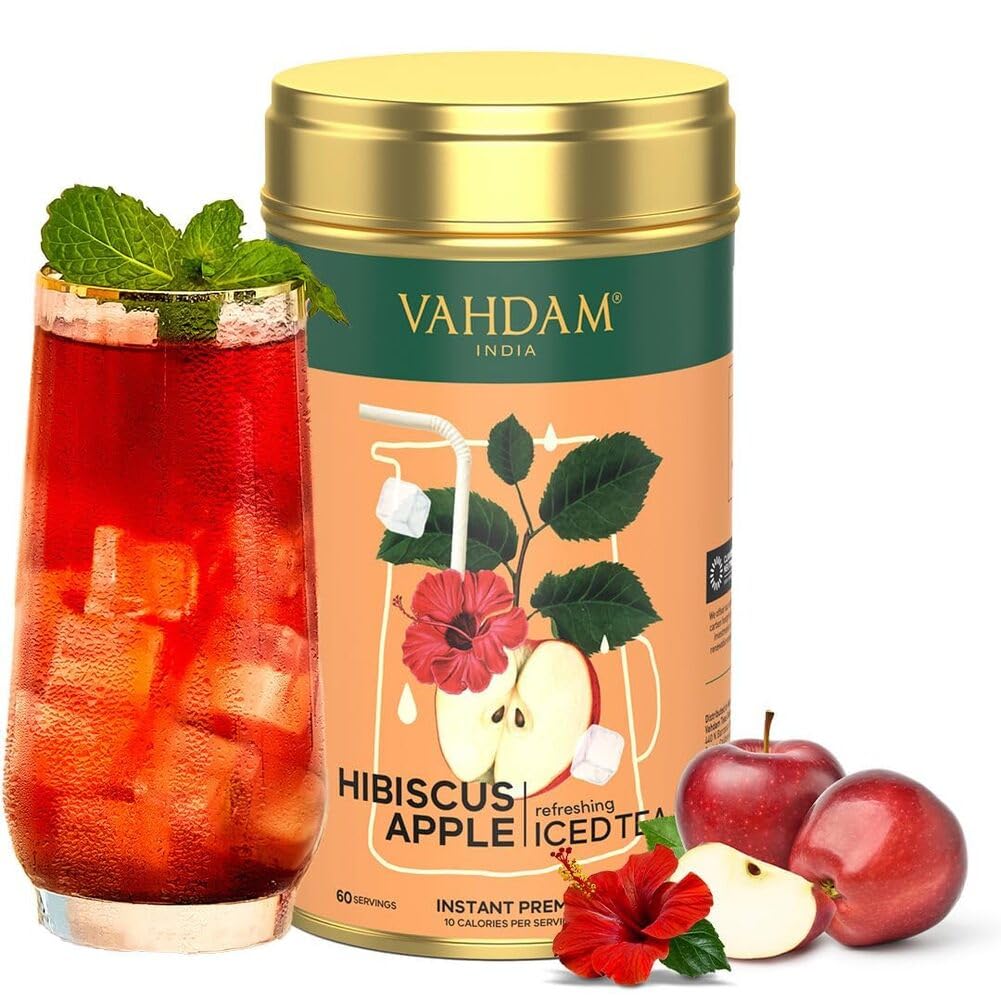 Hibiscus Apple Iced Tea Instant Premix (60 Servings/12 Quarts) Lightly Sweetened Iced Tea | Tarty Hibiscus & Sweet Apple | Best For Mocktails & Cocktails | Packed In Tin Caddy, 150G/5.29Oz | Vahdam