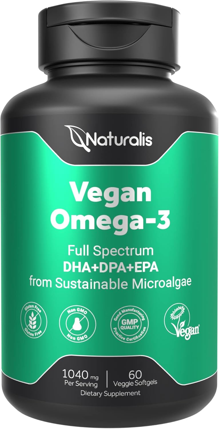 Naturalis Vegan Omega 3 Dha, Epa & Dpa From Algae | Vegan Society Certified, Sustainably Sourced, True Full Spectrum | 60 Veggie Softgels (Carrageenan Free)