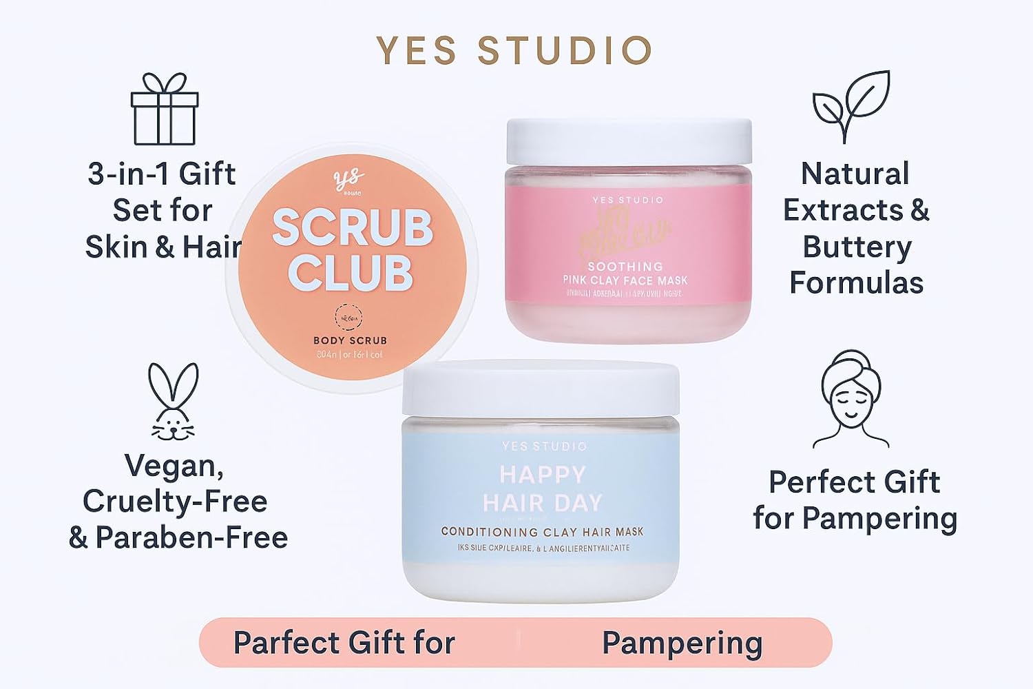 Mm Yes Studio Body Scrub, Hair & Face Mask Set – Peach Body Scrub 200Ml, Pink Clay Face Mask 300G, Happy Hair Day 300G – Gift Set For Glowing Skin & Nourished Hair