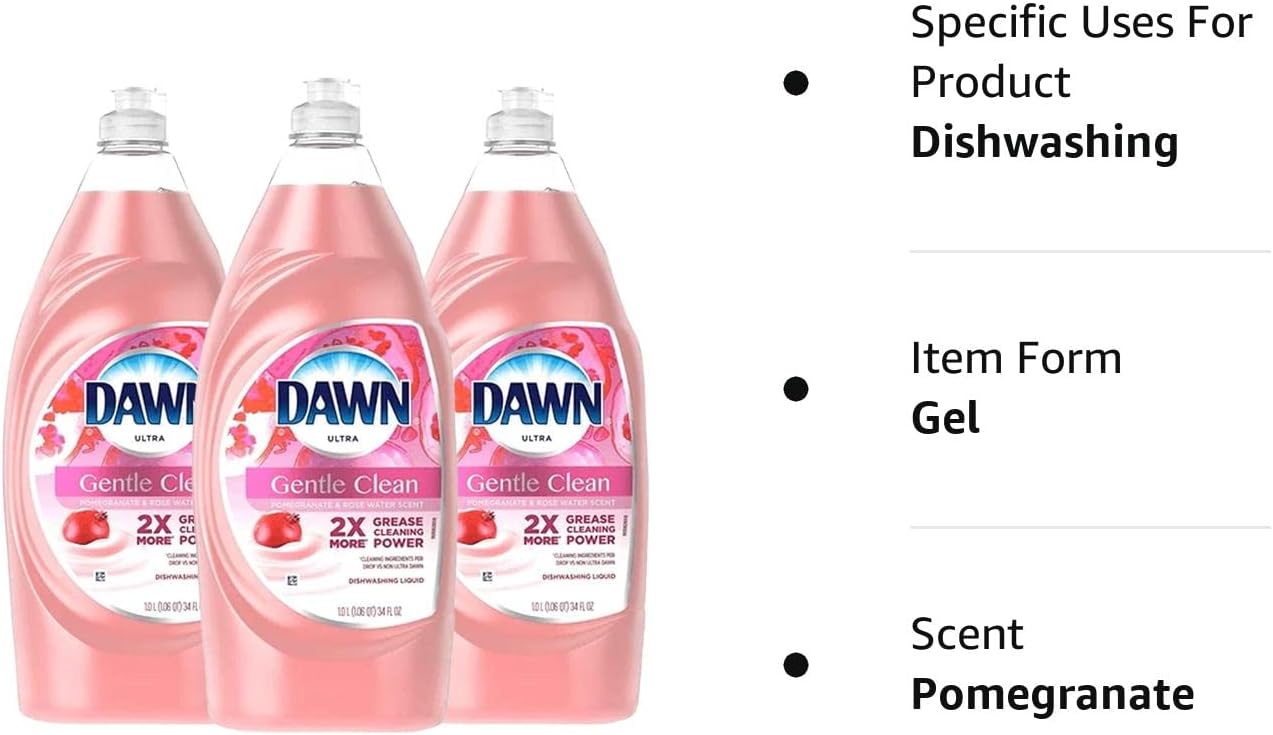 Dawn Ultra Gentle Clean Dishwashing Liquid Dish Soap, Pomegranate and Rose Water Scent, 34 Fl Oz (Pack of 3) : Health & Household
