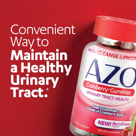 Azo Cranberry Urinary Tract Health Gummies Dietary Supplement, 2 Gummies = 1 Glass Of Cranberry Juice, Helps Cleanse & Protect, Natural Berrylicious Flavor, Non-Gmo, 72 Gummies