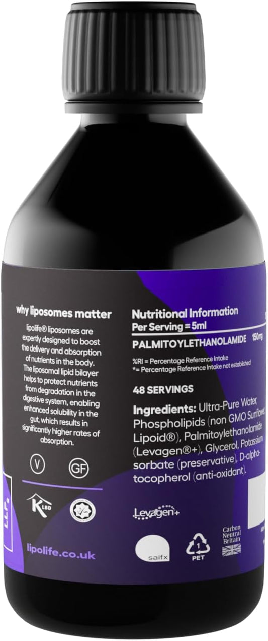 Liposomal Pea Palmitoylethanolamide Levagen+ Lipolife Llp2 | High Strength | Enhanced Bioavailability | 48 Days Supply | Cognitive Health, Muscle Recovery | Helps Reduce Joint Pain And Inflammation