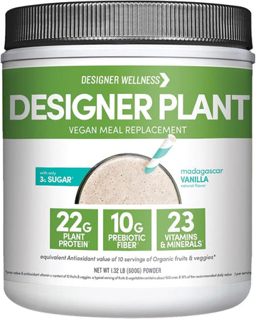 Designer Wellness, Designer Plant Meal Replacement, Pea Protein and Organic Sprouted Rice Protein Powder with Vitamins, Minerals, Healthy Fats, and Antioxidants, Madagascar Vanilla, 1.32 Pounds