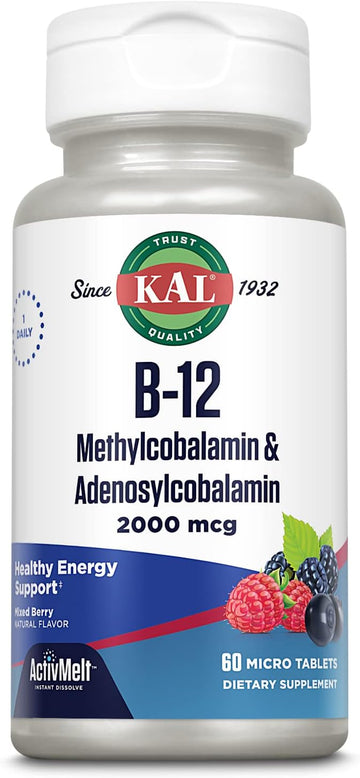 Kal Vitamin B12 Methylcobalamin And Adenosylcobalamin 2000 Mcg Activmelt, B12 Energy Supplements, Metabolism, Nerve, Red Blood Cell Support, High Absorption, Natural Berry, 60 Serv, 60 Micro Tablets