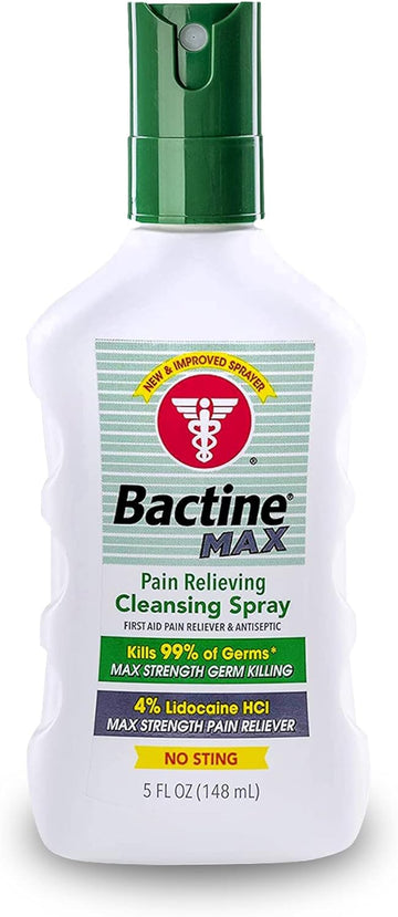 Bactine MAX First Aid Spray - Pain Relief Cleansing Spray with 4% Lidocaine - Numbing Lidocaine Spray Kills 99.9% of Germs - Pain + Itch Relief for Minor Cuts & Scrapes, Burns & Bug Bites - 5oz