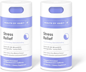 Health By Habit Stress Relief Supplement 2 Pack (120 Capsules) - Vitamin B, Zen, Lemon Balm, Supports Relaxation, Mood Balance, Reduce Stress, Non-Gmo, Sugar Free (2 Pack)