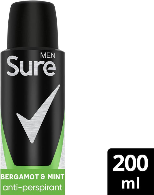 Sure Men Anti Perspirant Deodorant Bergamot & Mint, Pack Of 5, Alcohol Free Deodorant Spray For Men With Energising Scent Provides 48-Hour Odour Control, 200Ml