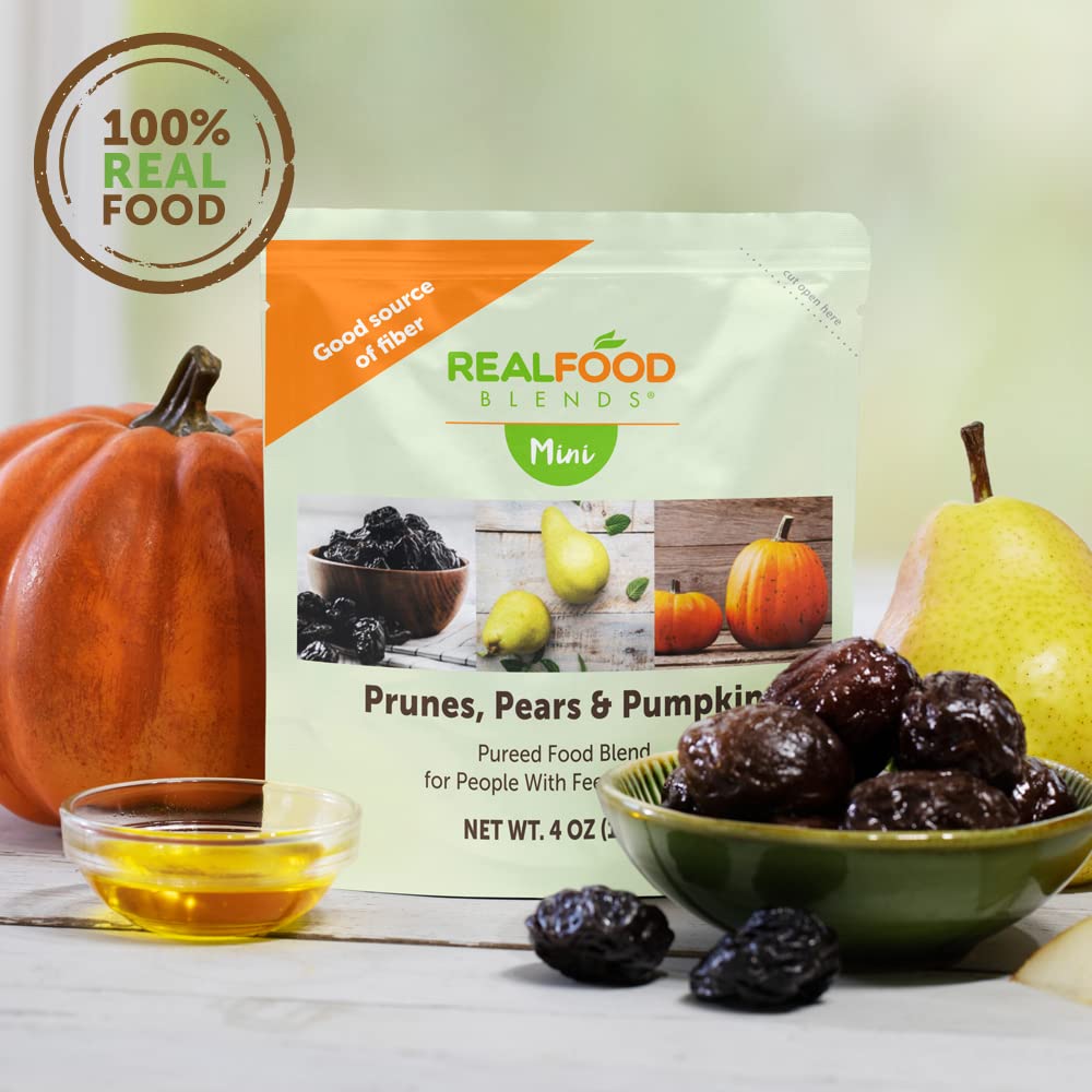 Real Food Blends Mini - Prunes, Pears & Pumpkin - Pureed Fruit Snack Blend For Tube Feeding With Fruits & Flaxseed Oil - 4 Oz (Pack Of 12)