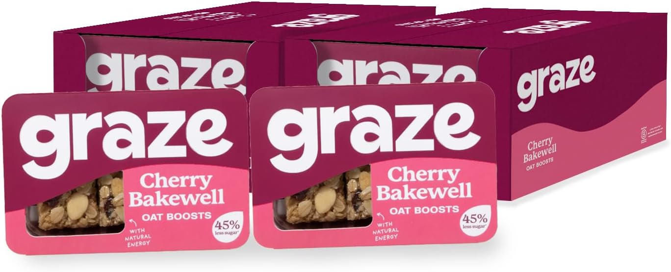 Graze Cherry Bakewell Oat Flapjacks, Vegetarian Snacks, 3 Bars Per Punnet, Whole Oats & Natural Flavours - Packaging May Vary - (18 X 50G Snacks)(Cherry Bakewell)