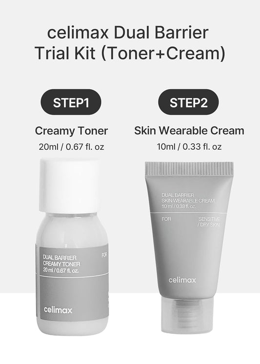 Celimax Dual Barrier Trial Kit Travel Size, Gift Set | With Creamy Toner & Skin Wearable Cream, Travel Size, Mini-Sized Gift Set, Ceramides, Peptide