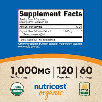 Nutricost Saw Palmetto 1000mg, 120 Capsules - CCOF Certified Made with Organic Saw Palmetto, Vegetarian Friendly, 60 Servings, 500mg Per Capsule, Gluten Free