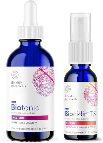 Biocidin Ts Throat Spray (1 Oz) With Biotonic Adaptogenic Liquid Tonic (2 Oz) - Two-Product Immune, Gi & Liver Support Set - Liquid Immune Support + Adrenal Support Supplements To Help Restore Energy