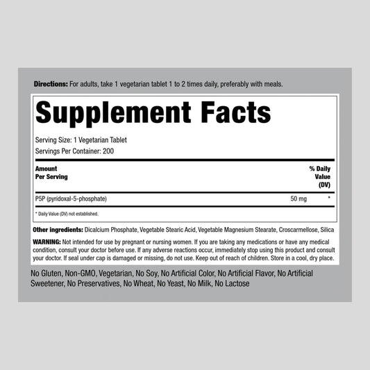 Piping Rock P5P Vitamin B6 | 50mg | 200 Tablets | Pyridoxal 5-Phosphate Supplement | Vegetarian, Non-GMO, Gluten Free