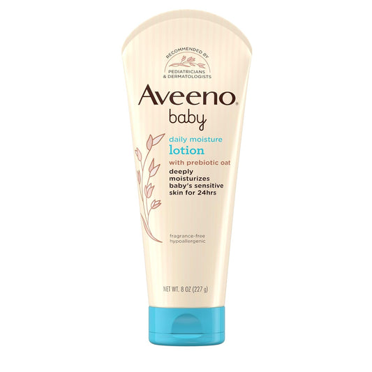 Aveeno Baby Daily Moisture Body Lotion for Sensitive Skin, Hypoallergenic Moisturizing Baby Lotion with Nourishing Oatmeal to Deeply Moisturize Baby's Skin, Fragrance-Free, 8 fl. oz