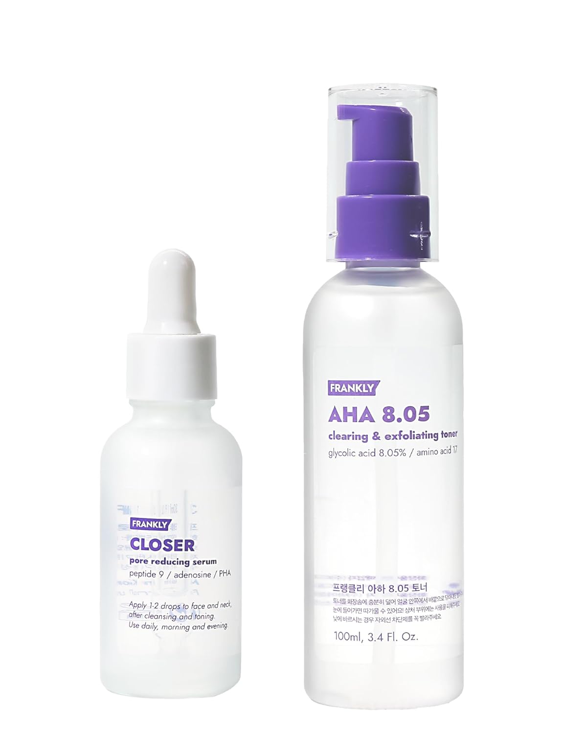 Frankly Pore Care Set: Closer Serum & Aha 8.05 Toner | Anti-Aging & Pore Minimizing Duo | Glycolic Acid & Peptide Formula | Boost Radiance & Skin Texture