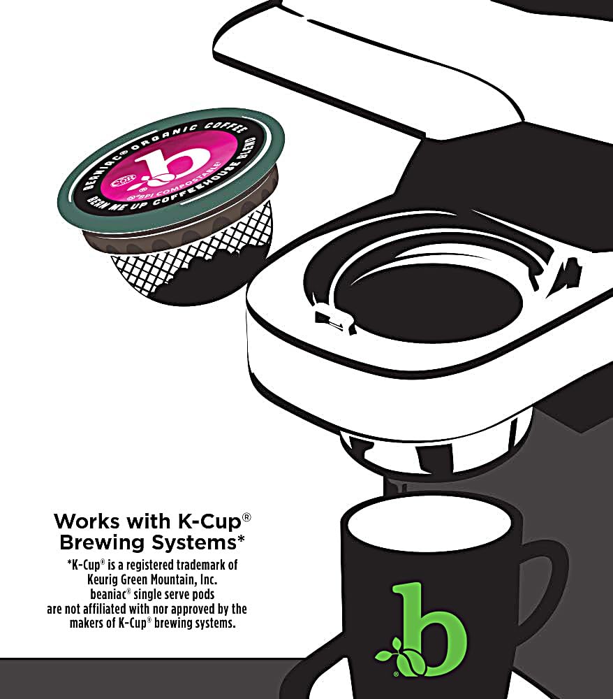Beaniac Organic Bean Me Up Coffeehouse Blend, Medium Roast, Single Serve Compostable K Cup Coffee Pods, Organic Arabica Coffee, Keurig Brewer Compatible, 72 Count