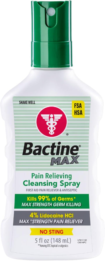 Bactine Max First Aid Spray - Pain Relief Cleansing Spray With 4% Lidocaine - Numbing Lidocaine Spray Kills 99.9% Of Germs - Pain + Itch Relief For Minor Cuts & Scrapes, Burns & Bug Bites - 5 Oz
